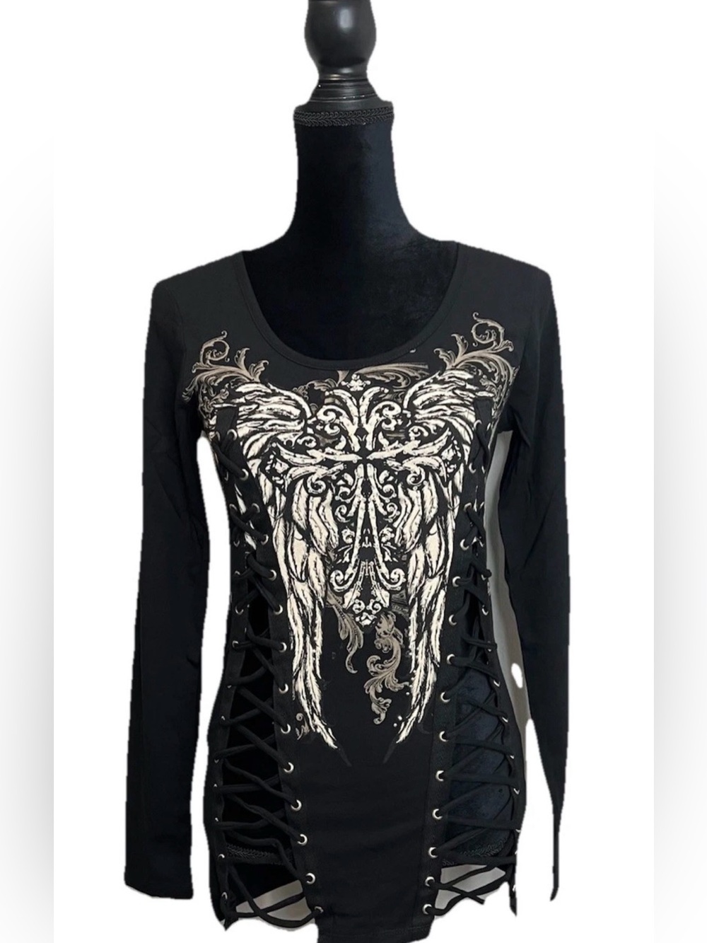 Y2K Vintage from Los Angeles Bus Stop Biker Top Black Embellished Wings Goth
